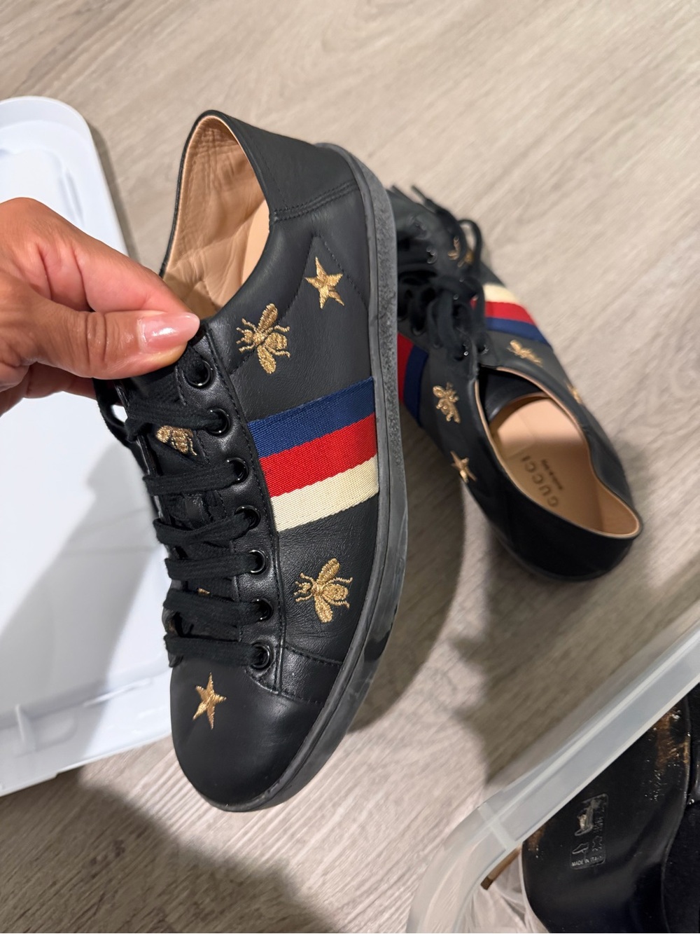 Gucci Black Leather Bee & Star Sneakers with Red, White & Blue Stripe